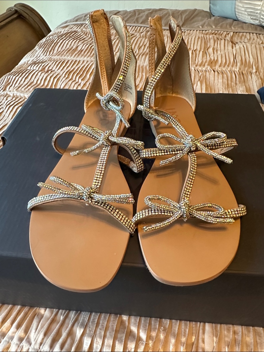 INC International Concepts Tan T-Strap Sandals with Crystal Bows